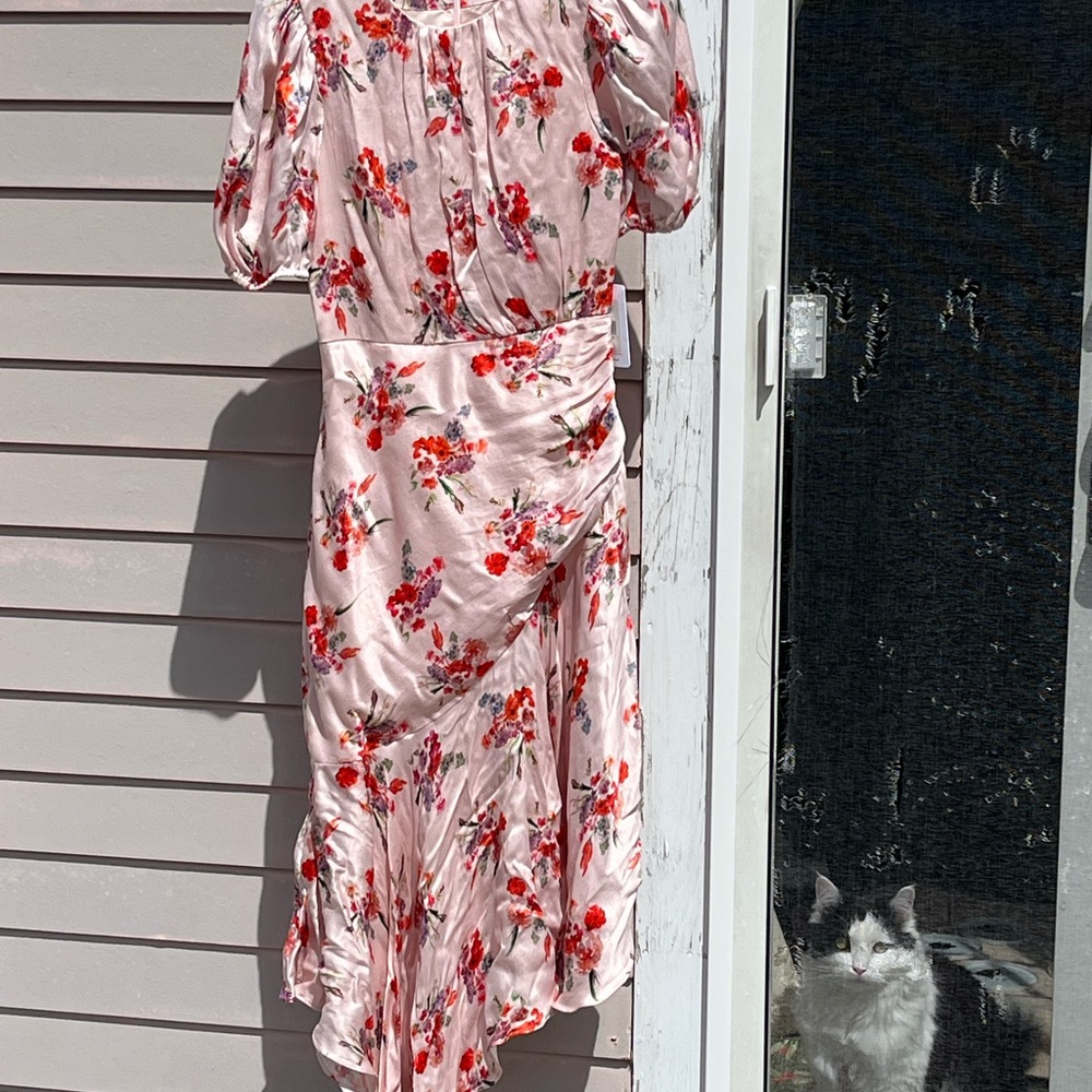 AMUR Pink Satin Floral Asymmetric Midi Dress